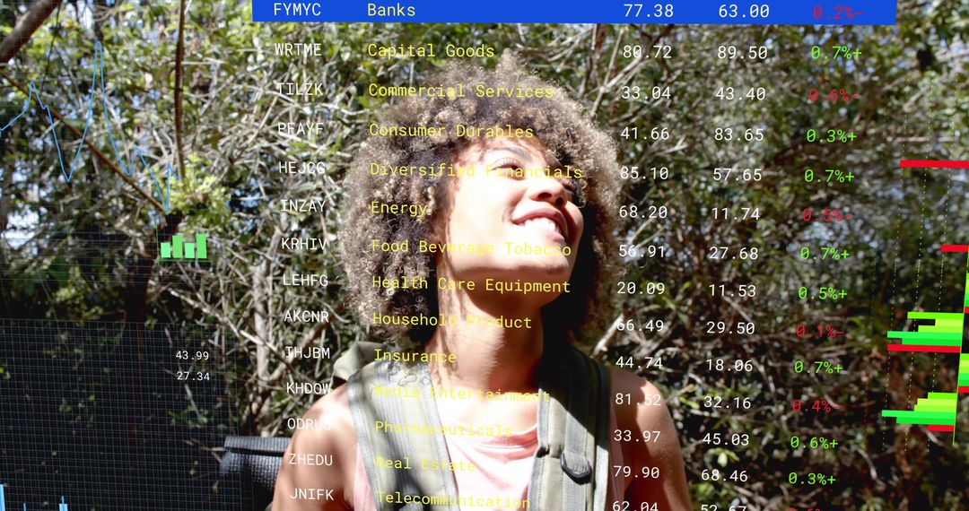 Sunlit Trail Hiker Smiling with Augmented Financial Tickers Overlaying Forest Data Visualization