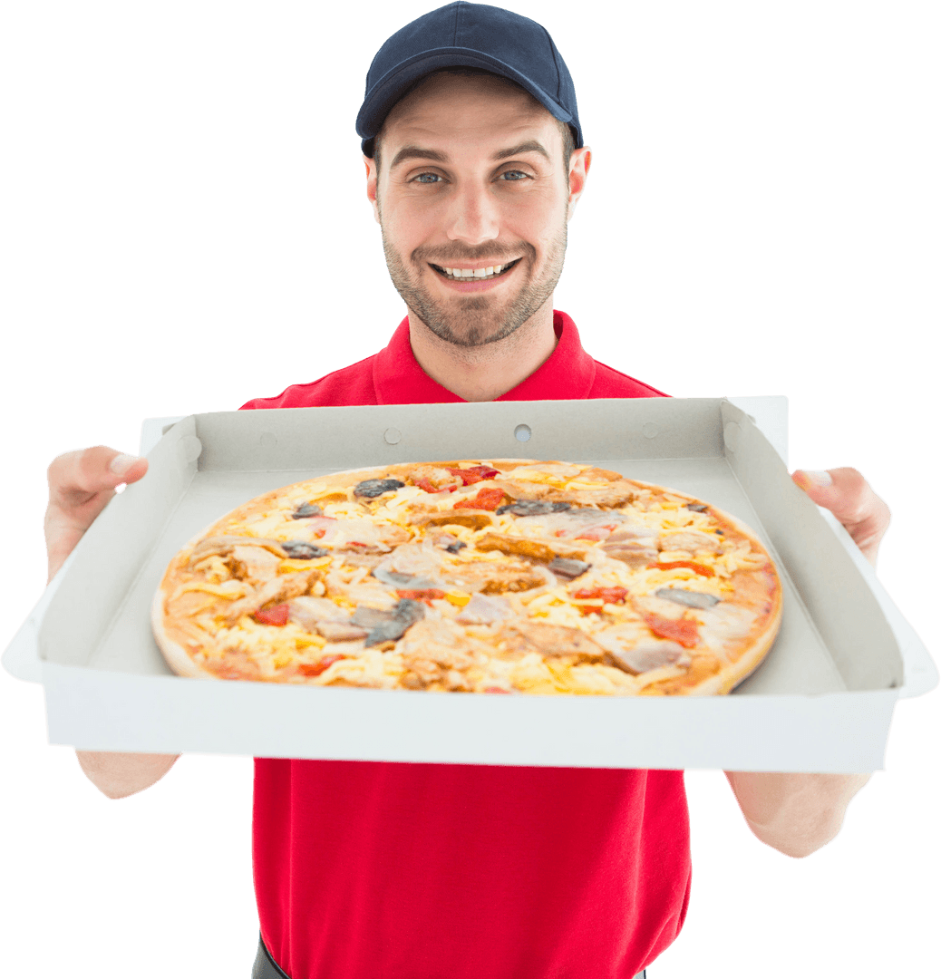 Transparent Delivery Man Presenting Fresh Pizza