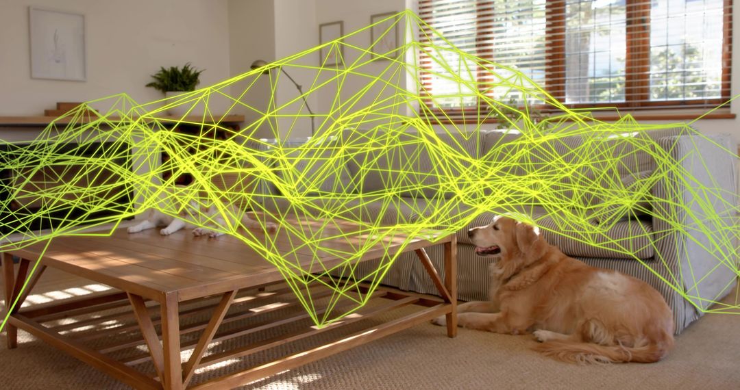 Golden retriever lifting head beside coffee table with neon network overlay in sunlit lounge