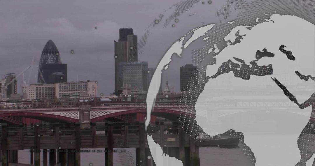 Modern London Skyline with Global Business Concept Overlay