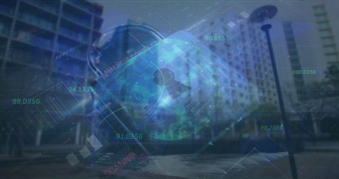 Futuristic Cybersecurity Concept with Padlock Overlaying Urban Scene