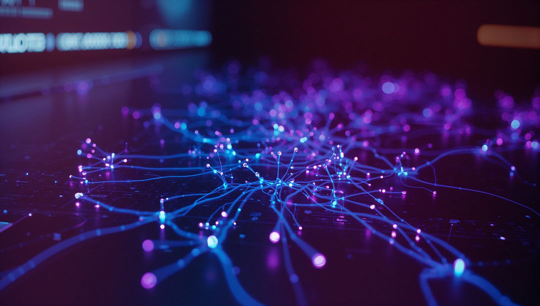 Futuristic Neural Network with Glowing Nodes on Reflective Surface