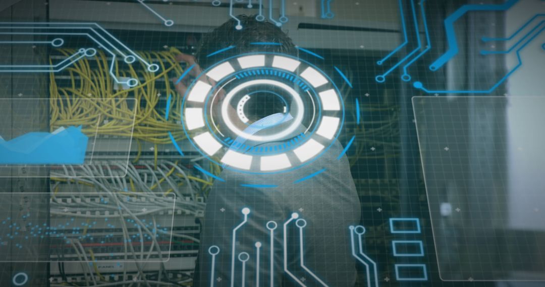 Futuristic Interface with Caucasian Server Technician in Data Center