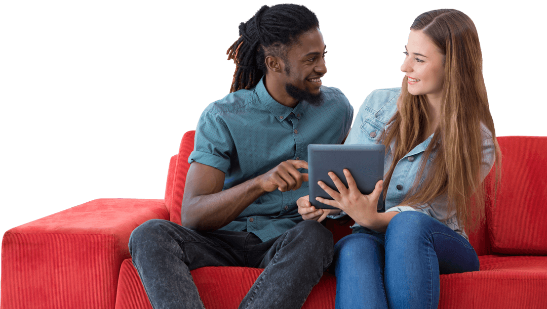 transparent image of students smiling while using tablet on red sofa - Download Free Stock Images Pikwizard.com