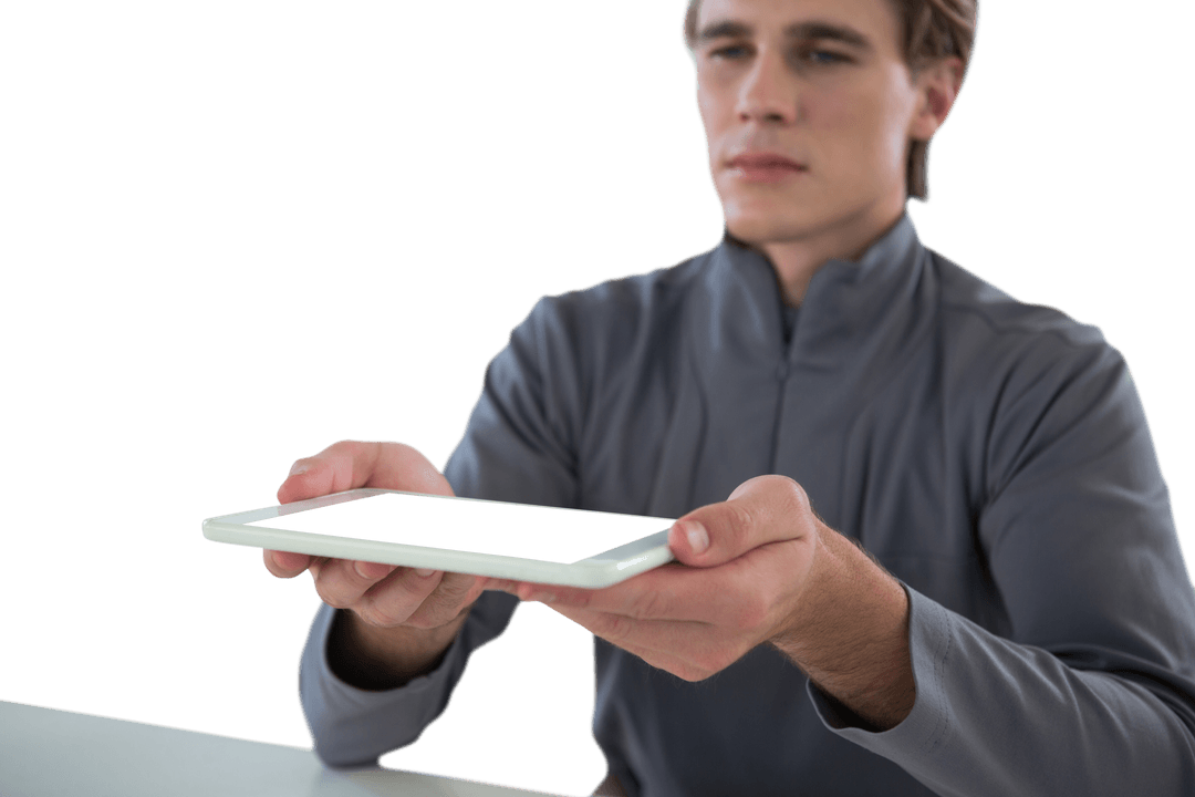 Businessman Offering Tablet with Transparent Background