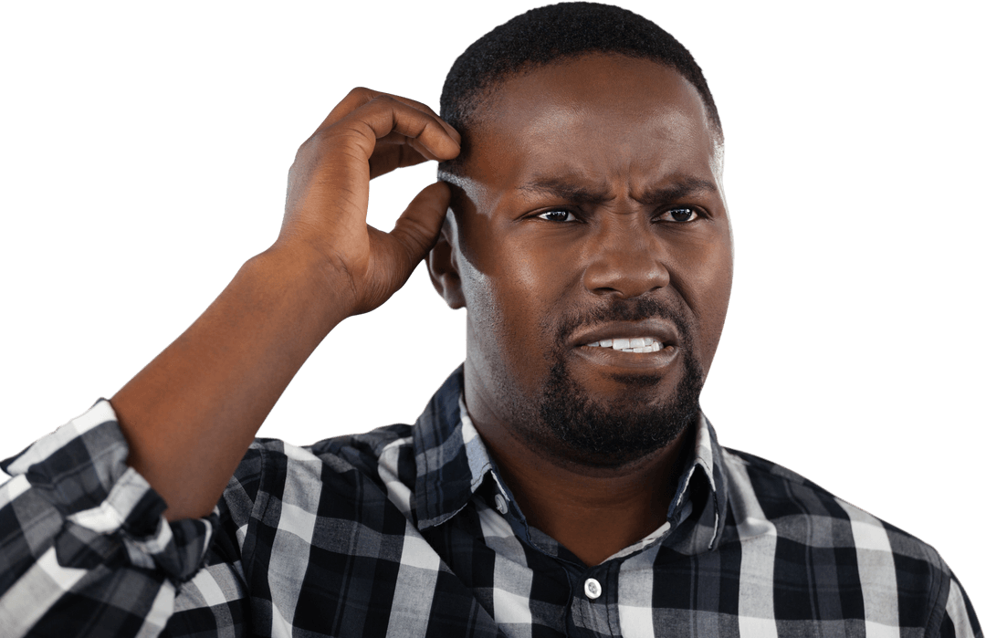 Confused African American Man Scratching Head on Transparent Background