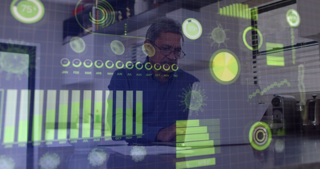 Senior Analyst Interacting with Futuristic Data Overlays