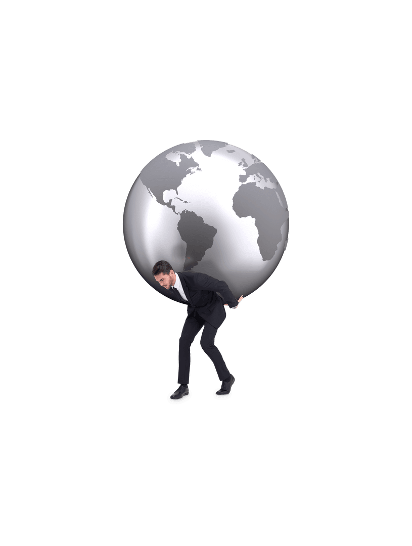 Caucasian Businessman Carrying Globe on Transparent Background