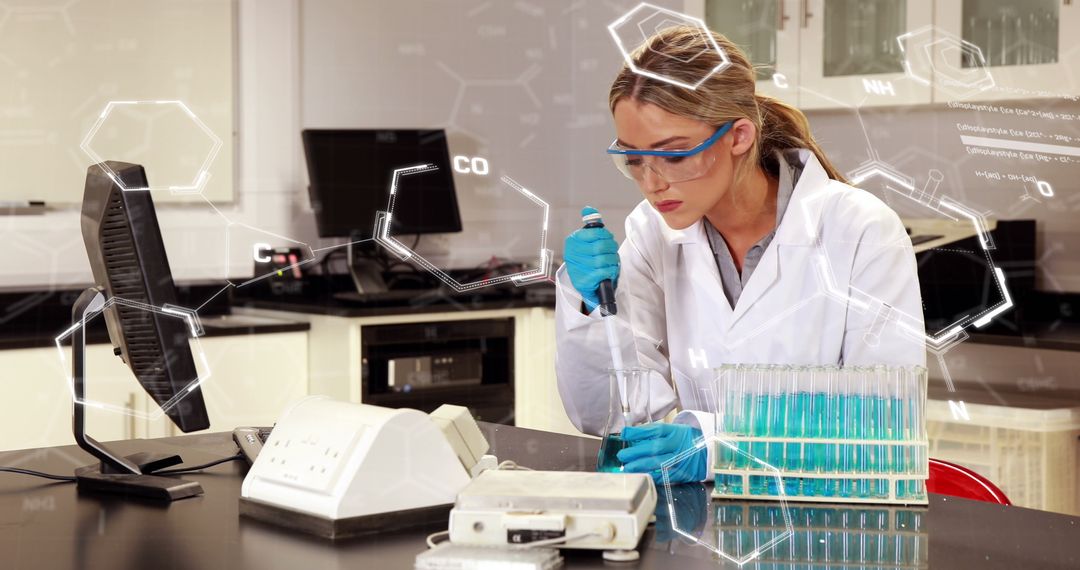 Focused Lab Technician with Digital Chemical Formulas Working