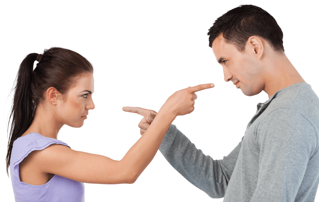 Transparent Couple Pointing at Each Other Expressively