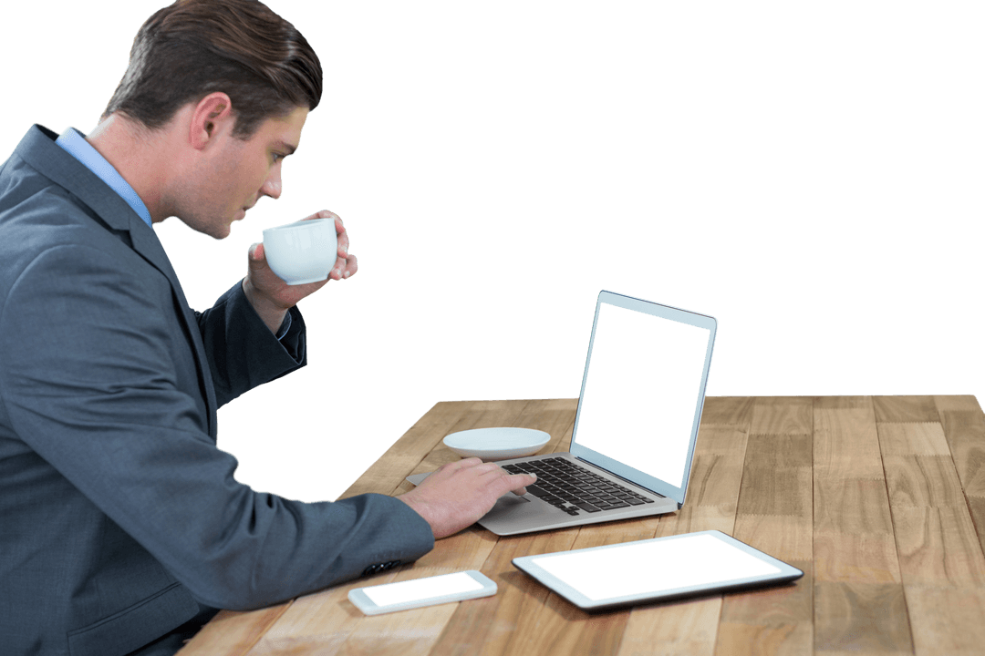 Transparent Businessman Enjoying Coffee with Laptop on Wooden Desk