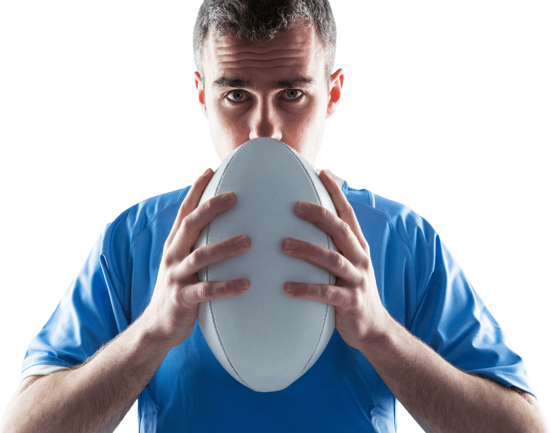 Serious Rugby Player Holding Ball on Transparent Background