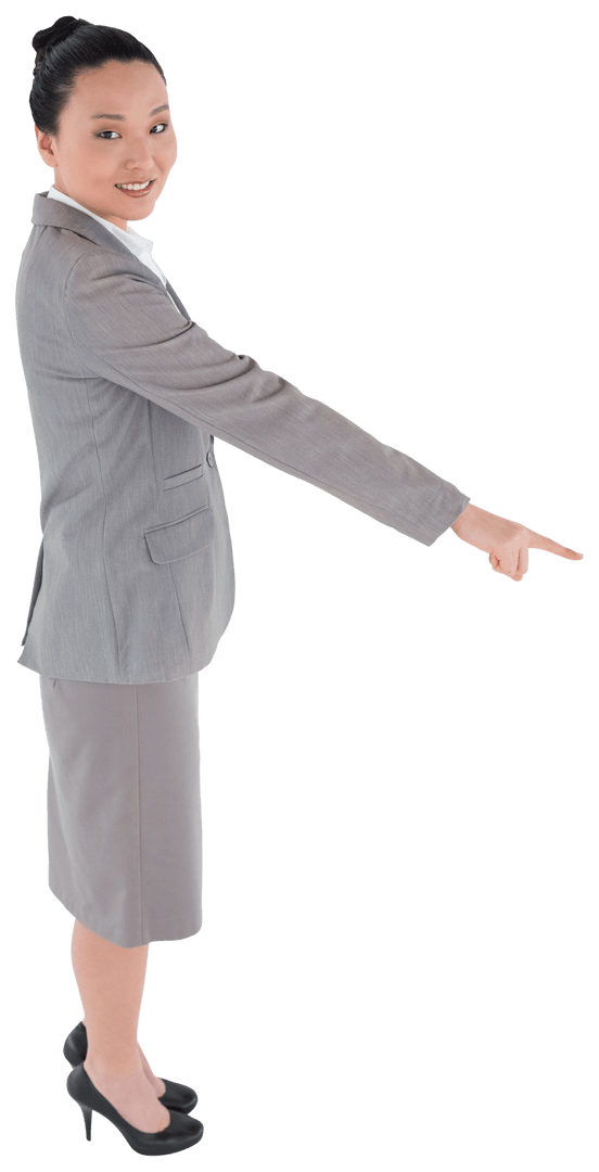 Asian Businesswoman Smiling and Pointing on Transparent Background