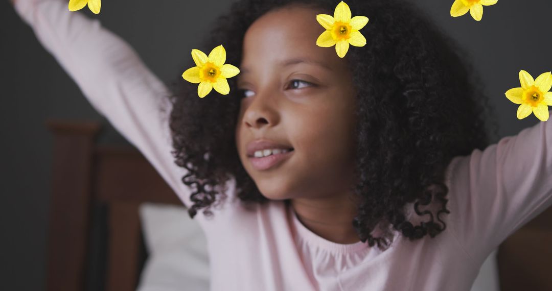 Happy Girl Surrounded by Daffodils Embracing a New Day