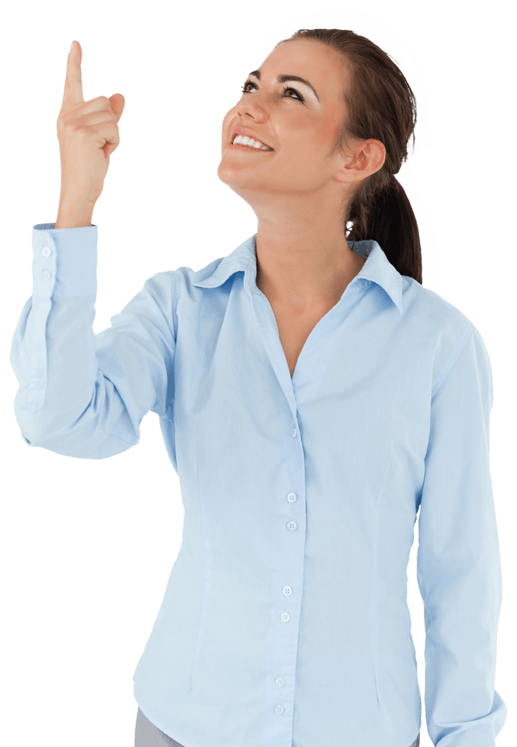 Smiling Businesswoman Pointing Upwards in Transparent Setting