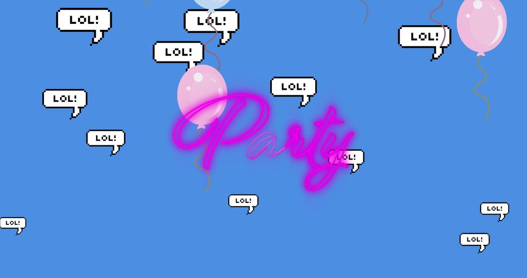 Neon Party Text with Floating LOL Bubbles on Blue Background