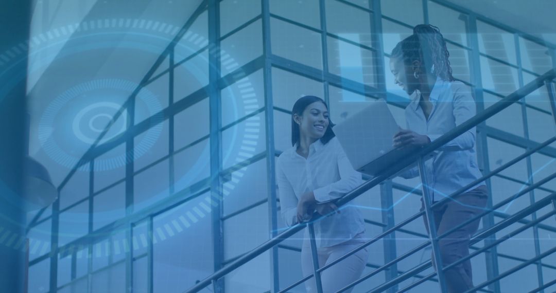 Professional Colleagues Collaborating with Innovative Technology Overlay