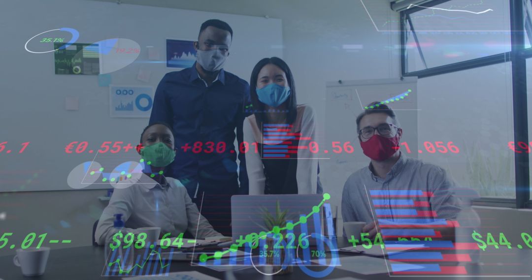 Diverse Team Masks Amidst Digital Financial Data Cave with Charts
