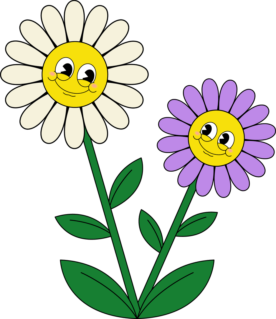 Whimsical Cartoon Daisies with Smiling Faces on Transparent Background