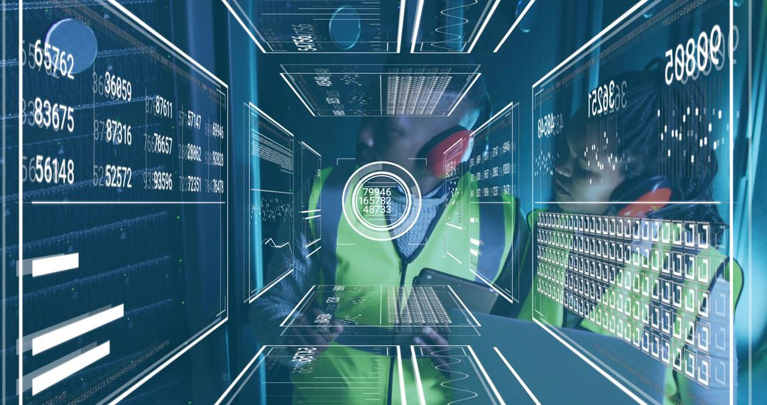 Engineers Analyzing Data in Futuristic Digital Environment