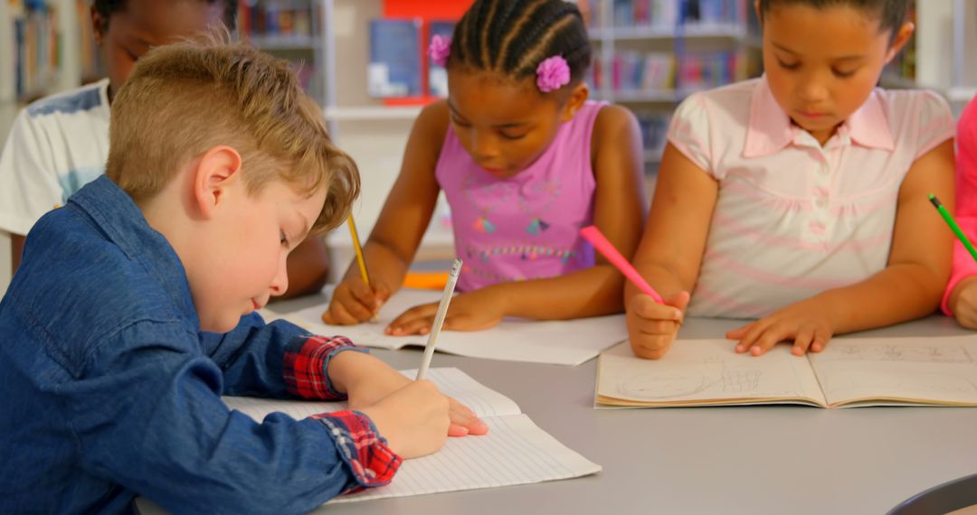 Diverse Schoolchildren Focused on Writing Together in Library