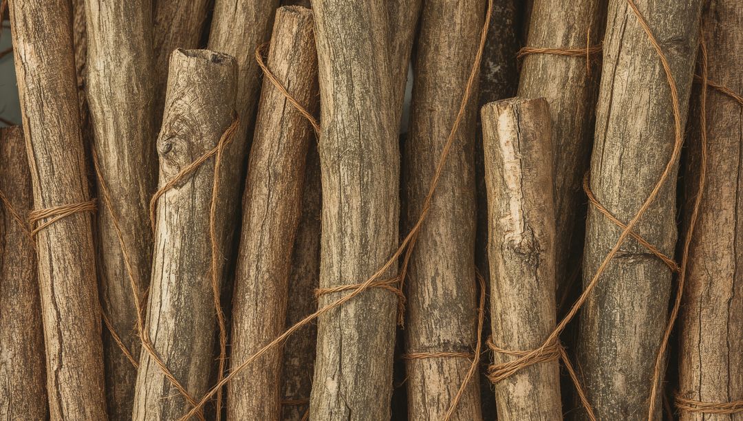 Rustic Bound Logs with Twine Closeup Showing Bark Texture, Knots and Timber Grain