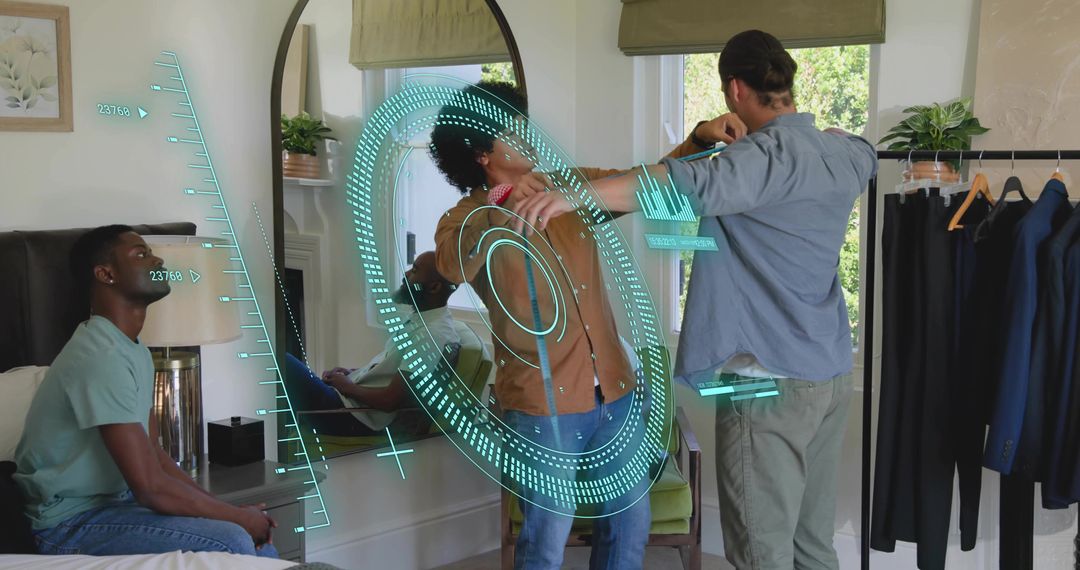 AR tailoring fitting with mirror overlay measuring body while stylist adjusting collar