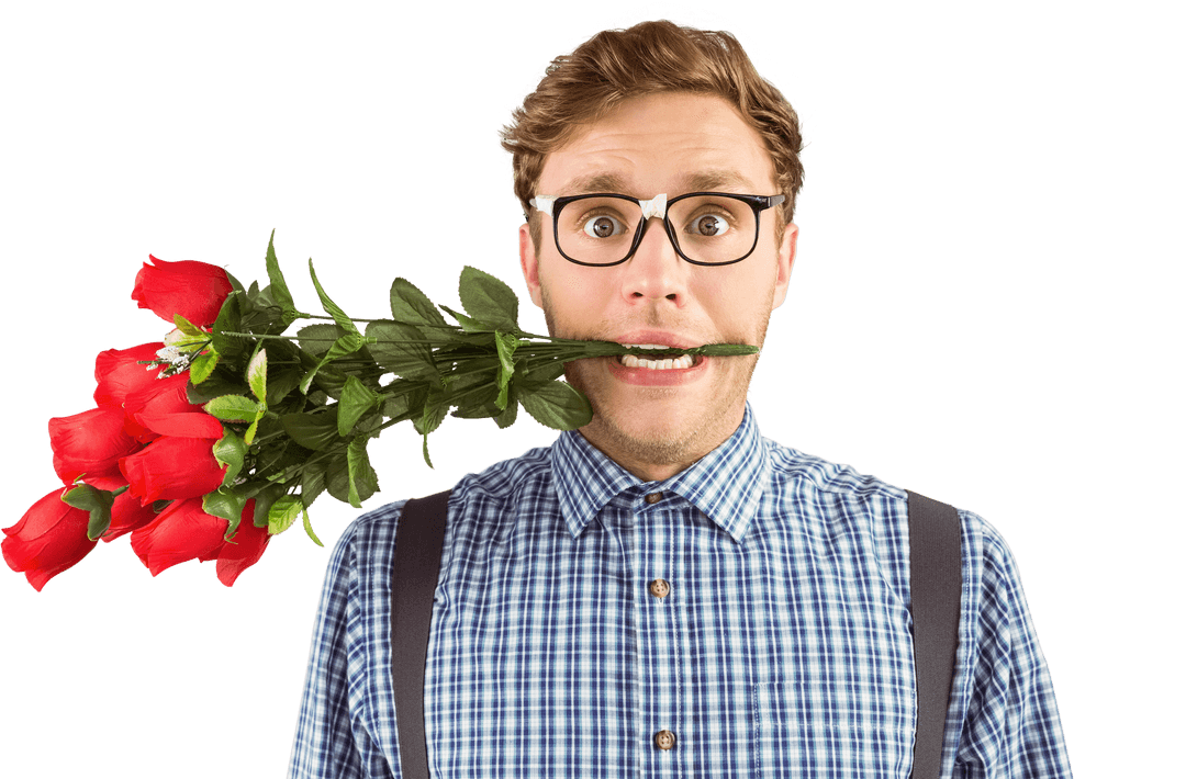 Transparent Geeky Hipster With Roses In Mouth