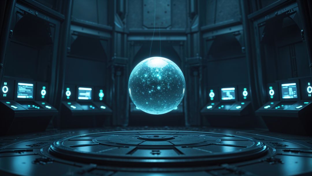 Mystical Blue Holographic Sphere in Futuristic Tech Lab