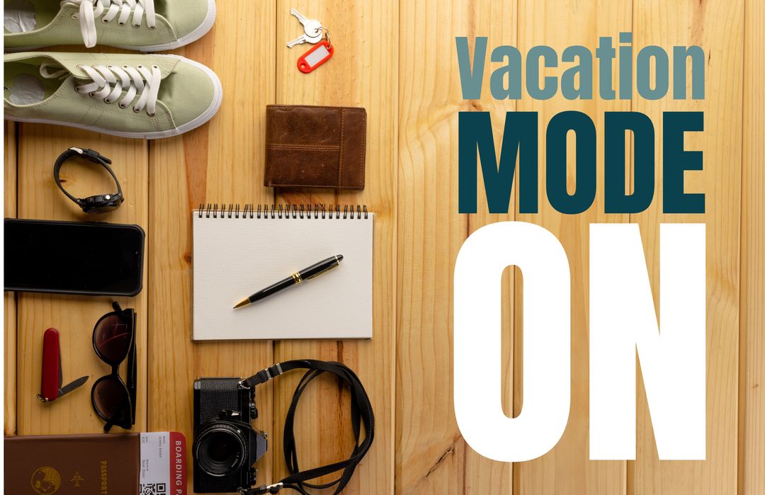 Vacation Mode On with Travel Accessories on Wooden Background - Download Free Stock Templates Pikwizard.com