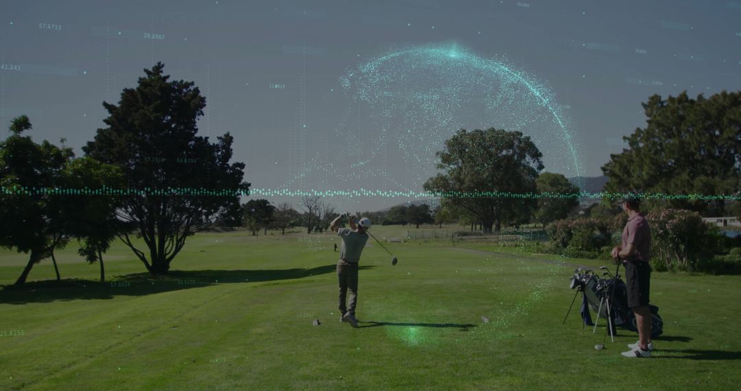 Precise Golfer Striking with Futuristic Holographic Analysis Overlay
