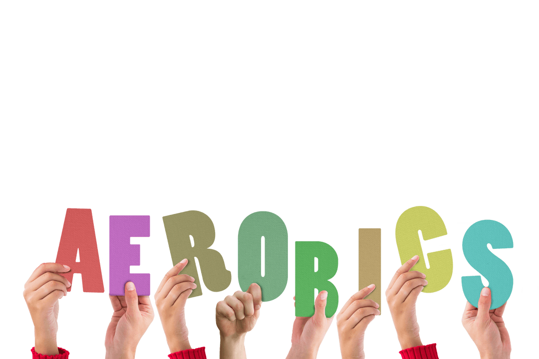 Hands Holding Aerobics Text on Transparent Background