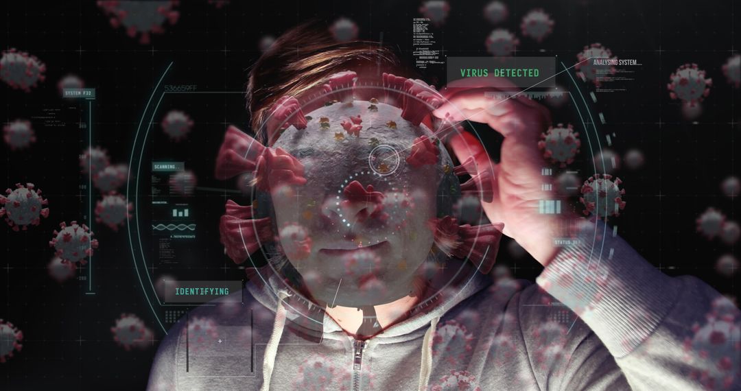 Man Analyzing Virus Data on High-Tech Digital Interface