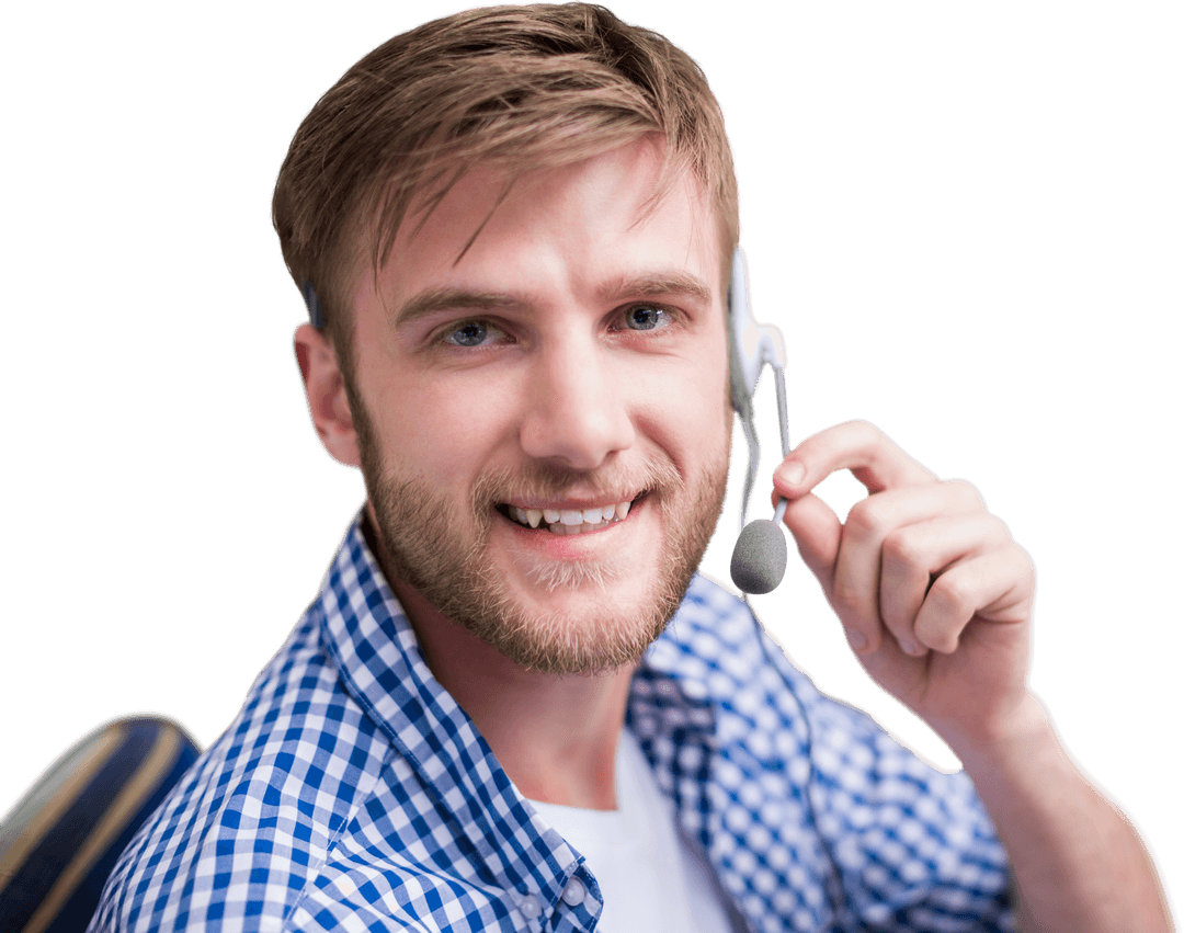Smiling Young Man with Headset on Transparent Background