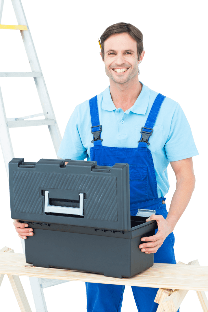 Transparent Smiling Carpenter with Tool Box Preparing for Work