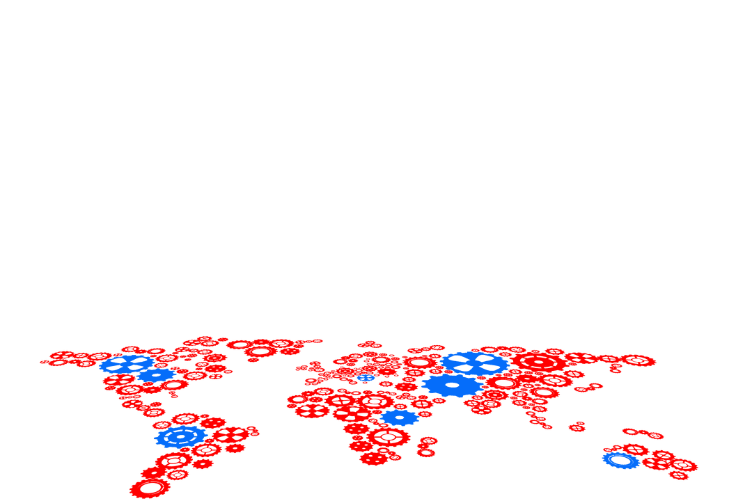 World Map Outline in Red and Blue Gears on Transparent Background