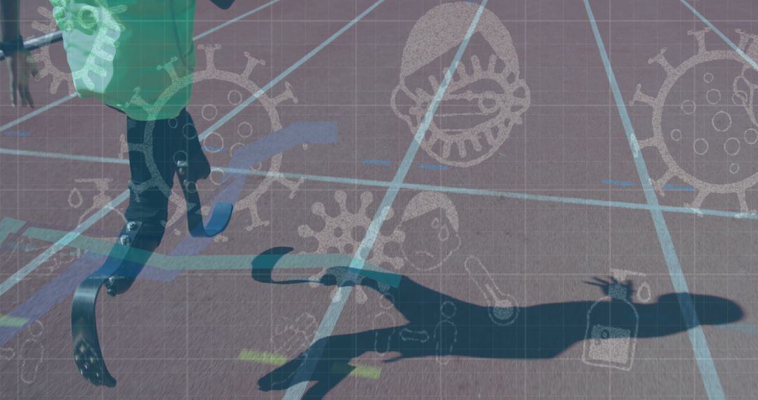 Paralympic Athlete Sprinting on Track with Medical Graphics Overlay