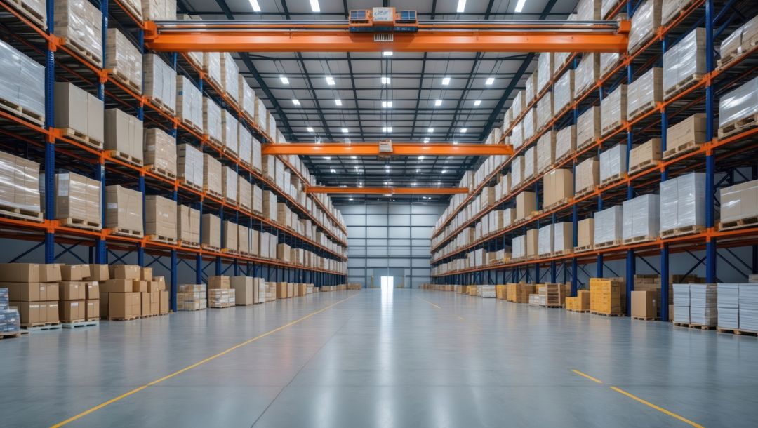 Modern Warehouse Storage Facility with Tall Racks and Gantry Cranes