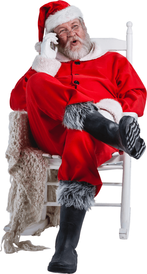 Excited Santa Claus Chatting Enthusiastically on Mobile Phone Transparent Background