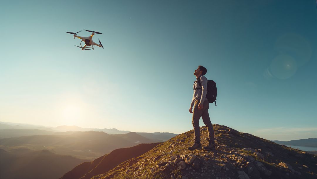 Hiking Man Operating Drone over Mountain Ridge during Golden Hour, Summit Adventure