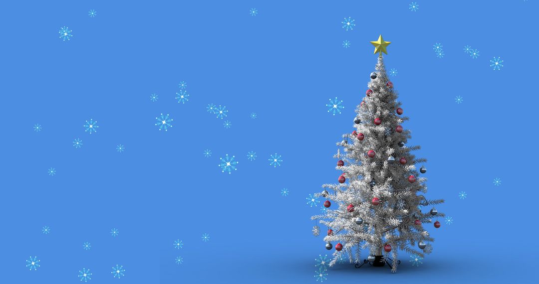 Festive Christmas Tree on Light Blue Background with Falling Snowflakes