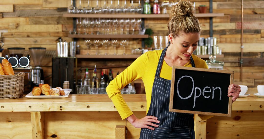 Waitress Holding Open Sign Behind Cafe Counter