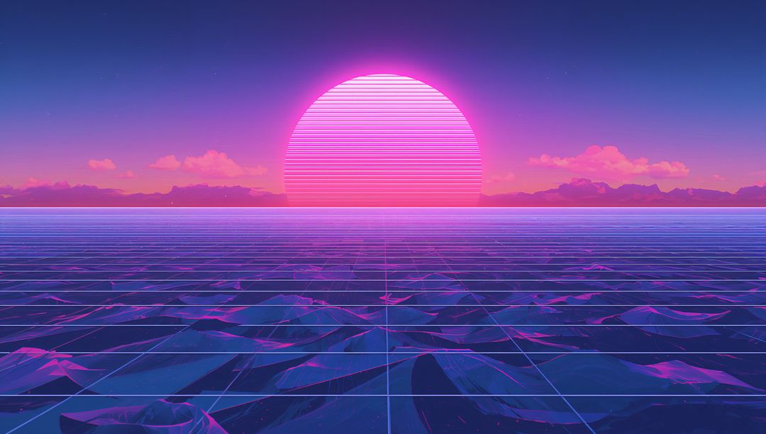 Neon Sunset Over Grid Ocean Featuring Retro Futuristic Mountains and Scanline Sun