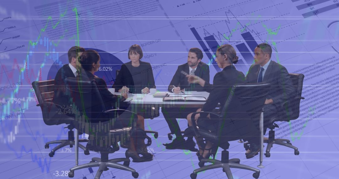 Business Team Meeting Overlaid with Financial Data Analytics