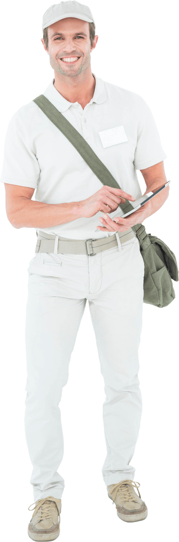 transparent full length smiling delivery man using tablet - Download Free Stock Images Pikwizard.com