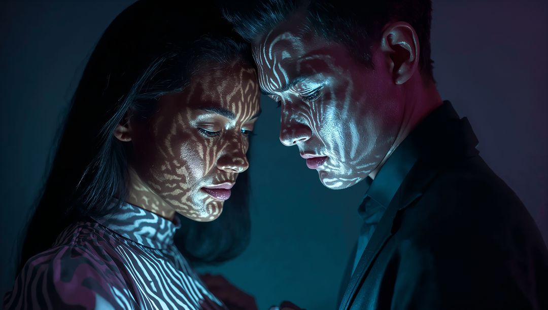 Couple Under Zebra-Stripe Light Creating Dramatic Intimacy
