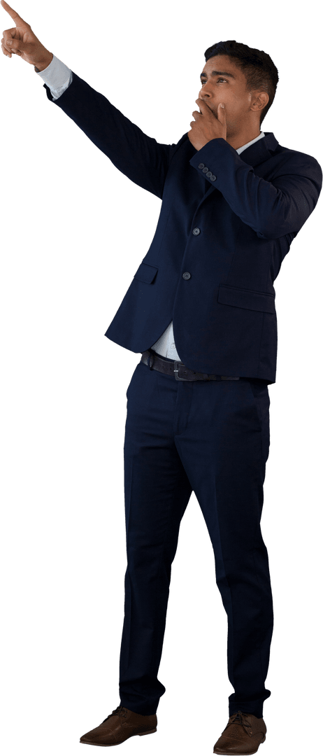 Transparent Young Professional Pointing Curiously in Business Suit