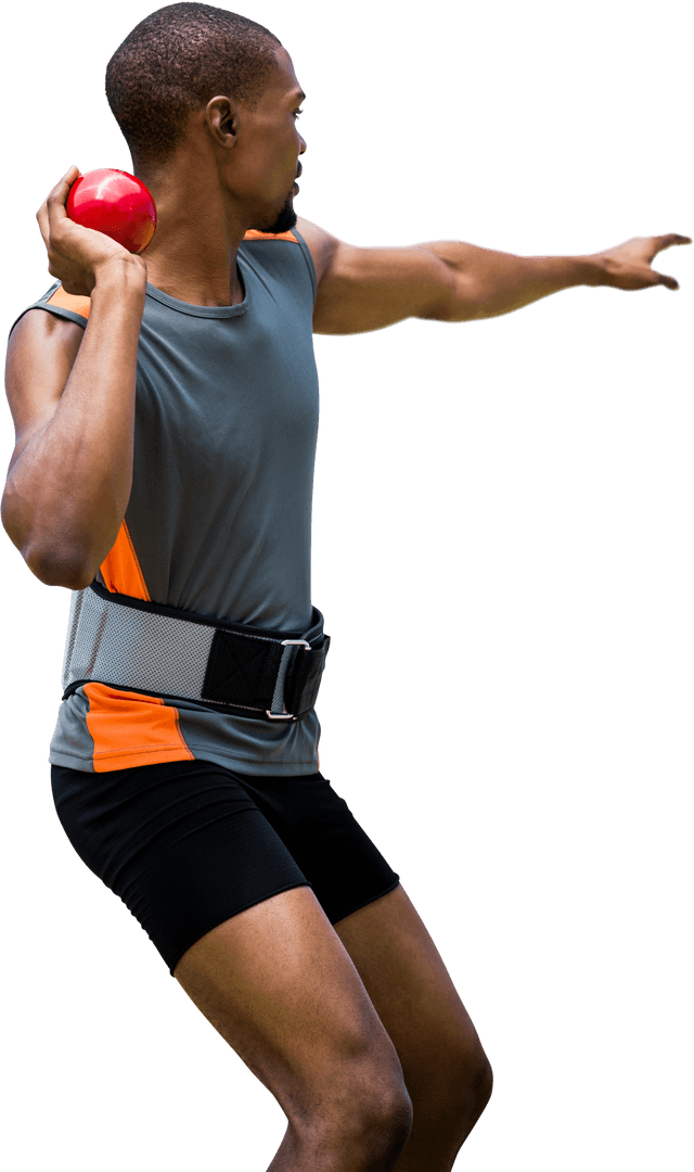 Biracial Athlete Holding Shot Put on Transparent Background