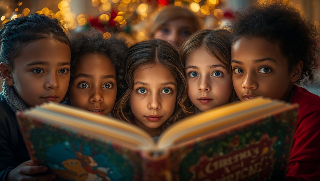 Children Reading Christmas Storybook by Glowing Tree