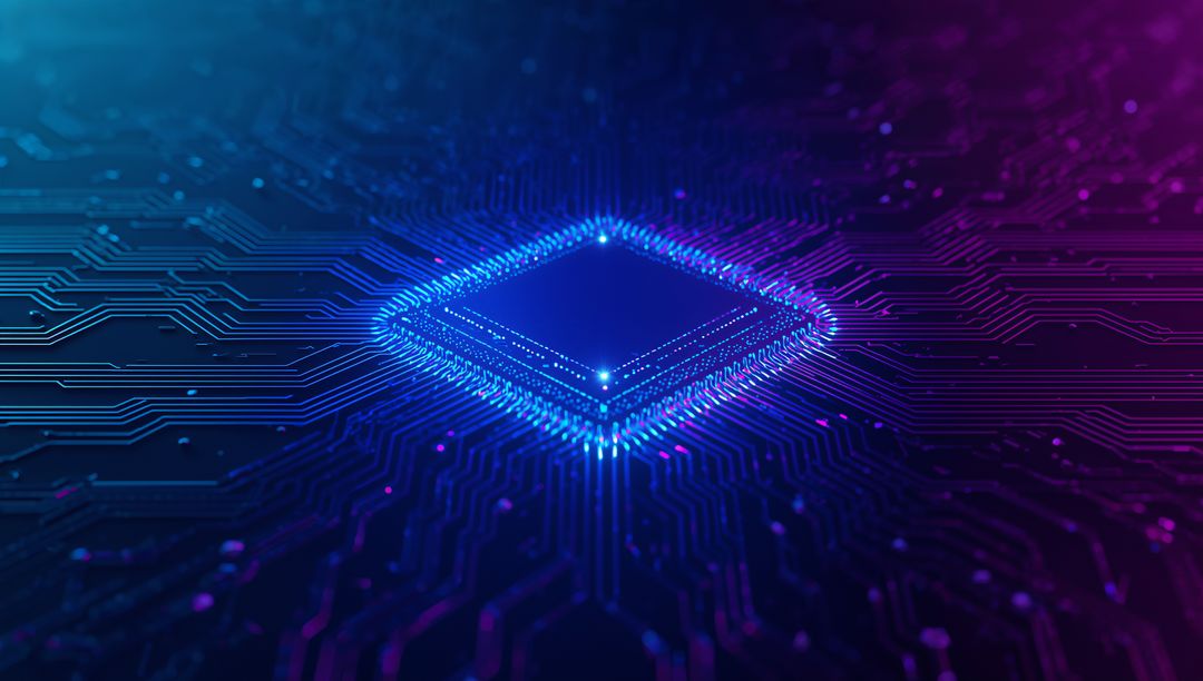 Glowing Neon Microprocessor on Circuit Board with Purple Traces